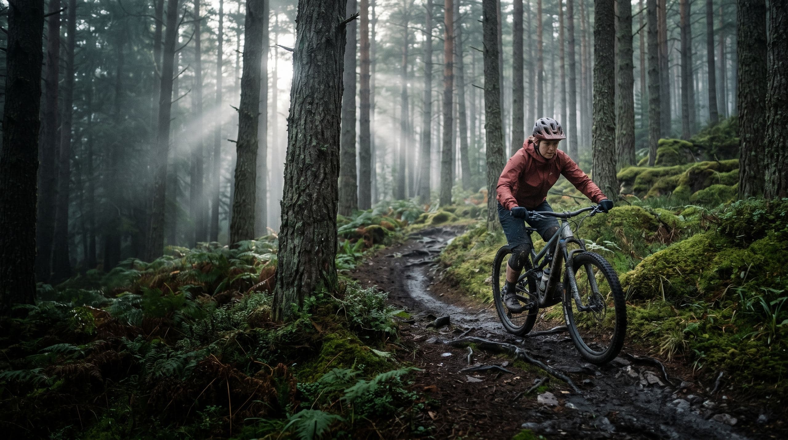 A rider descending a misty singletrack trail through Scots pines