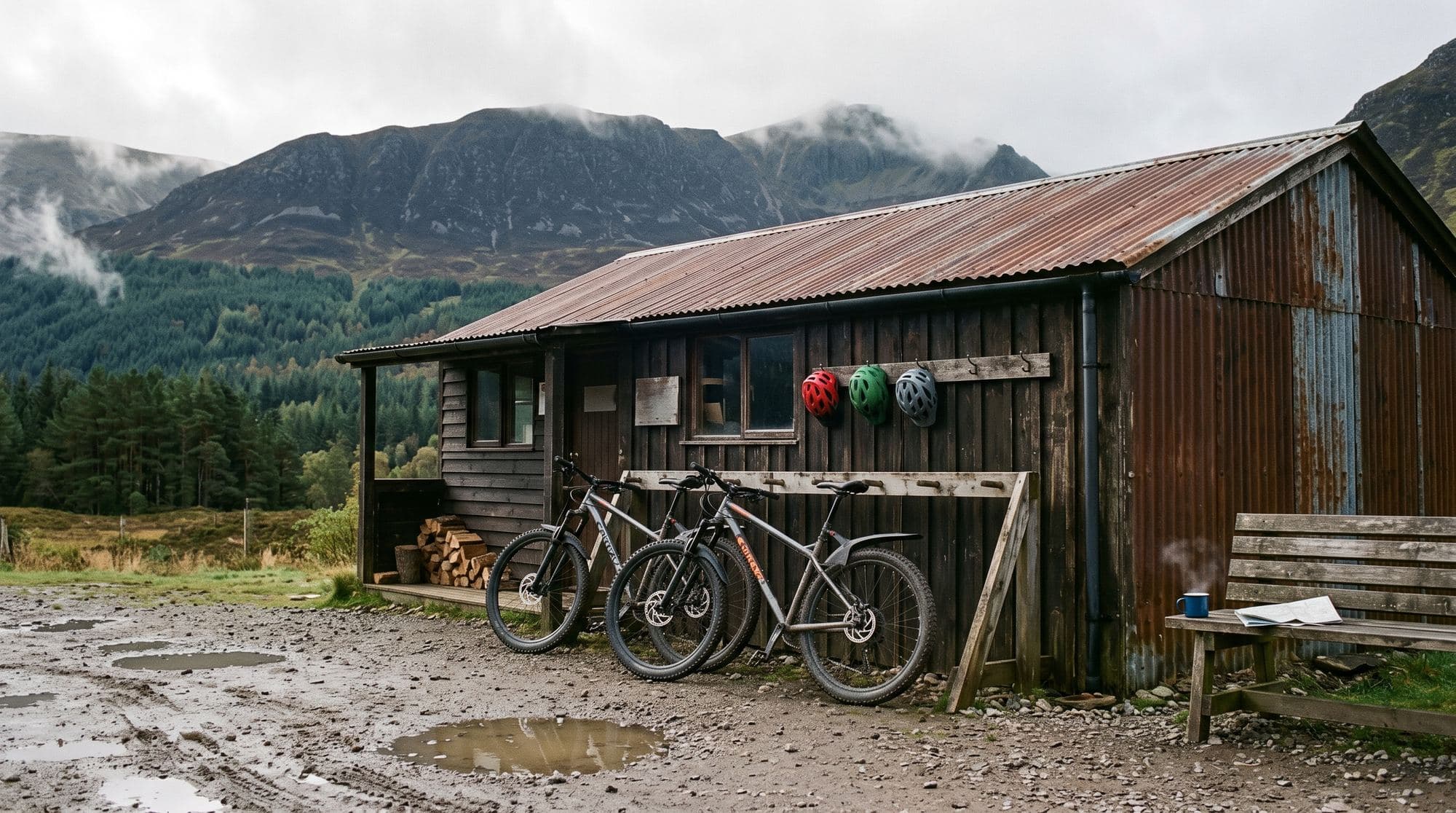 Hire bikes and helmets ready outside the shed, mountains behind