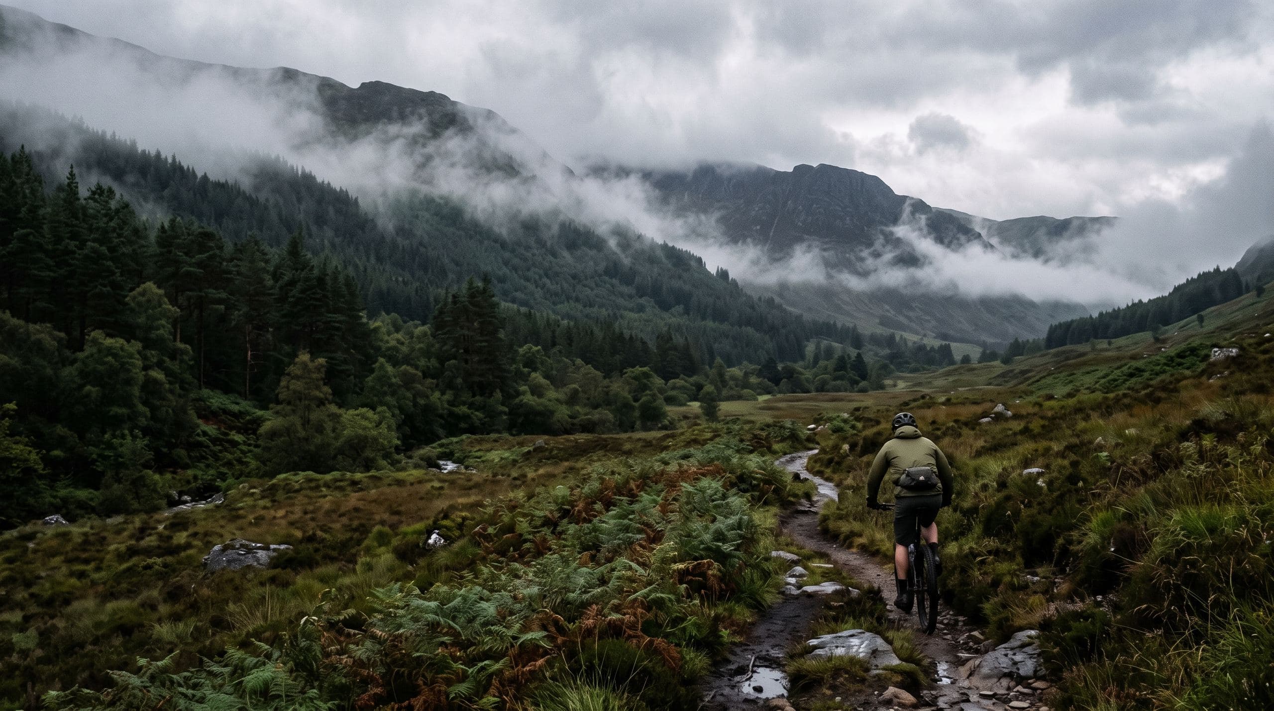 A lone rider on a glen trail below cloud-covered ridges